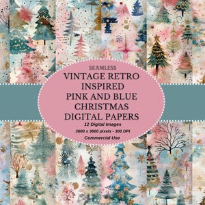 Druckbares rosa und blaues Weihnachts-nahtloses digitales Papier: Herunterladbare Vintage Retro inspirierte Weihnachtspapiere