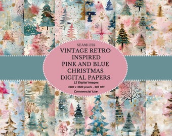 Może przedstawiać: Dwunastu bezszwowych cyfrowych papierów z motywem świątecznym inspirowanym stylem retro vintage. Papiery charakteryzują się różowo-niebieską kolorystyką z akwarelowymi ilustracjami choinek, płatków śniegu i gwiazd.