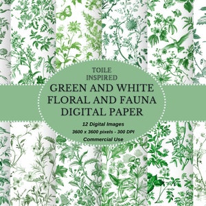 Toile geïnspireerd groene en witte bloemen en fauna naadloze digitale download, afdrukbaar digitaal papier in JPEG-formaat voor onmiddellijke download