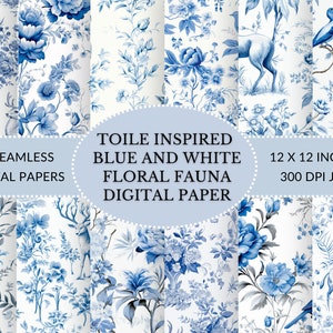 Toile Inspiriert Blaue und weiße Blumen und Fauna nahtloser digitaler Download, druckbares digitales Papier im JPG-Format zum sofortigen Download