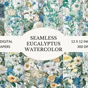 Eucalyptus Watercolor Seamless Paper: Blue Floral Print (Digital Download)