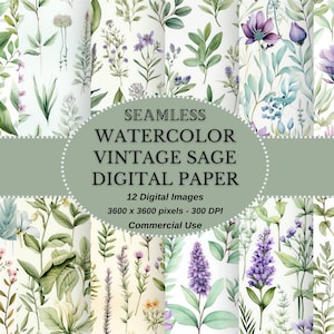 Nahtlos Aquarell Vintage Salbei Digitale Papiersammlung - Vintage verzierte Papiere Sofort-Download für DIY-Projekte