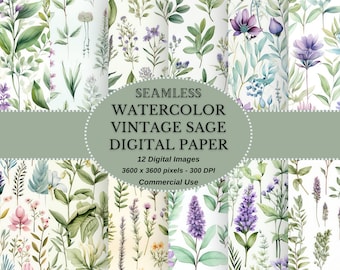 Seamless Watercolor Vintage Sage Digital Paper Collection - Vintage Decorated Papers Instant Download for DIY Projects