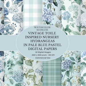 Vintage Toile Inspired pale blue pastel hydrangea digital paper, Seamless Shabby Chic Floral Set, Scrapbook Digital Paper Instant Download