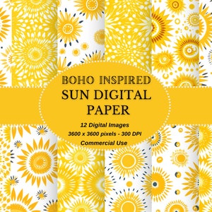 Może przedstawiać: Dwunastu cyfrowych papierów z wzorem boho inspirowanym słońcem w kolorze żółtym i białym. Papiery mają rozmiar 3600 x 3600 pikseli i 300 DPI. Tekst "BOHO INSPIRED SUN DIGITAL PAPER" znajduje się w środku obrazu. Tekst "12 Digital Images 3600 x 3600 pixels - 300 DPI Commercial Use" znajduje się pod tytułem.