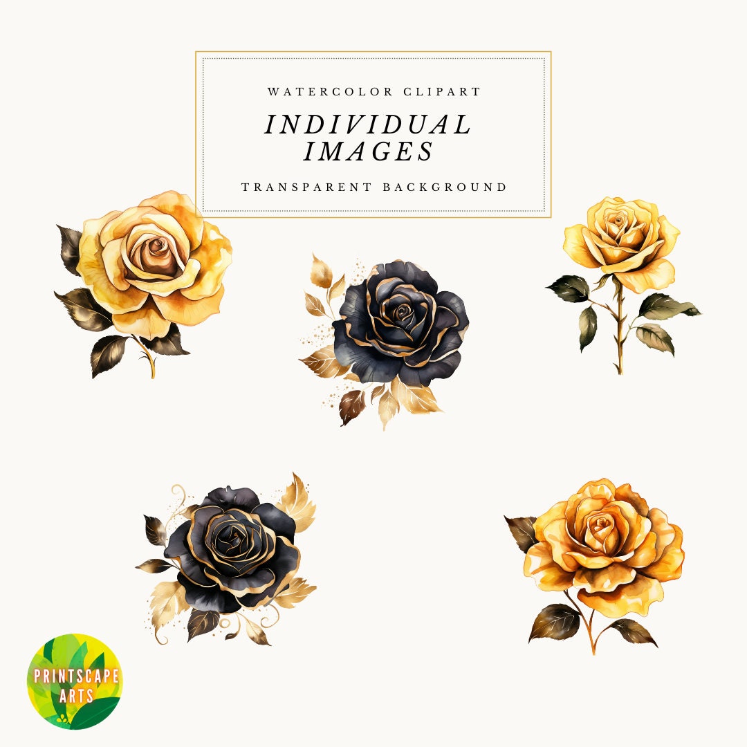 Watercolor Black Gold Rose Clipart, Black and Gold Rose Bouquet Clipart