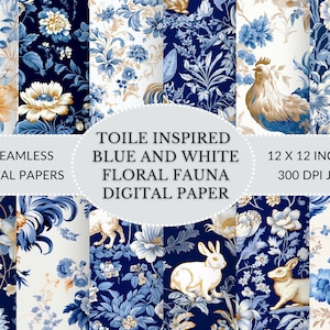 Toile Blue Floral Digital Paper: Seamless Fauna Print (JPG Download)