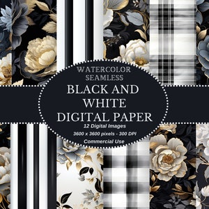 Vintage Schwarz-Weiß-Rosen-Digitalpapier-Kollektion - Florales Digitalpapier - Nahtlos Perfekt für DIY-Projekte, kommerzielle Nutzung erlaubt!