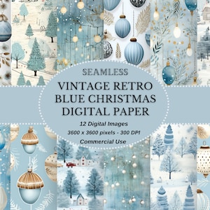 Papel digital navideño azul imprimible: papeles navideños retro vintage descargables, perfectos para proyectos de bricolaje, uso comercial permitido