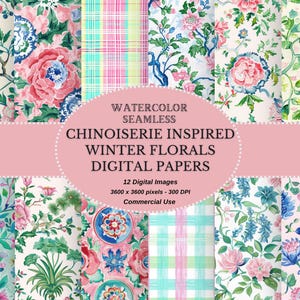 Chinoiserie geïnspireerd winterbloemen digitaal papier in levendige pastelkleur - shabby chic digitale download scrapbook papier ongewenste dagboekpapieren