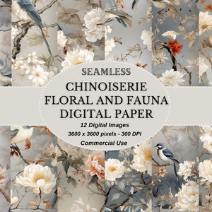 Elegantes, von Chinoiserie Digital Paper inspiriertes chinesisches Digital Paper mit Nelken und Wintervögeln - Perfekt für DIY-Projekte, kommerzielle Nutzung