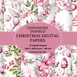 Weihnachten Chinoiserie inspirierte rosa und weiße Chinoiserie Weihnachten beinhaltet Weihnachtsstechpalme, Weihnachtsverzierungen, kommerzielle Nutzung erlaubt