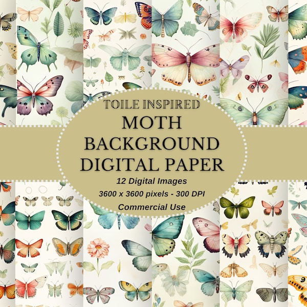 Whimsical Watercolor Moth Digital Paper for DIY Projects - Vintage Style, Seamless Moth background High-Quality Download, Commercial Use