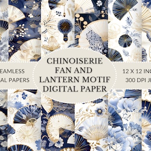 Papier numérique chinoiserie élégant avec motifs d’éventails et de lanternes - Téléchargement instantané pour invitations et papeterie