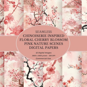 Chinoiserie geïnspireerd digitaal papier met kersenbloesem roze natuurscène - Chinees-Japanse motieven voor scrapbooking Instant Download