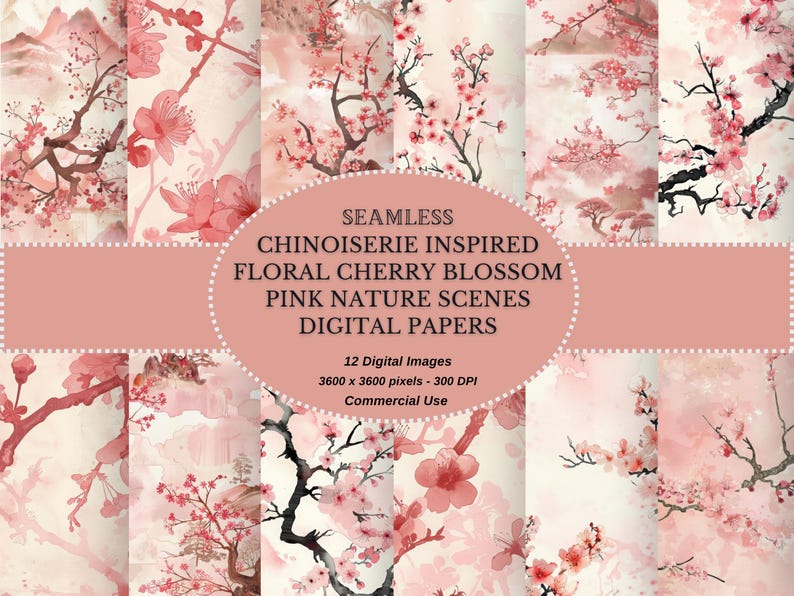 Chinoiserie Cherry Blossom Digital Paper: Pink Floral Scrapbook ...
