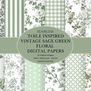 Paquete de papel digital imprimible sin costuras con diseño floral verde salvia vintage inspirado en Toile, papel para álbum de recortes Shabby Chic sin costuras, descarga instantánea