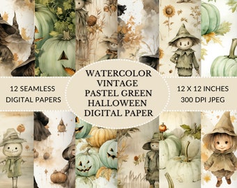 Vintage Pastel Green Digital Papers Halloween: Cute Halloween digital papers Perfect for Spooky Crafts! Includes pumpkin digital paper