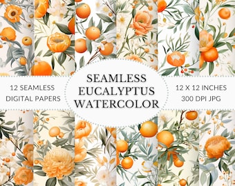 Eucalyptus Watercolor Digital Paper: Floral Fruit Pattern (Digital Download)