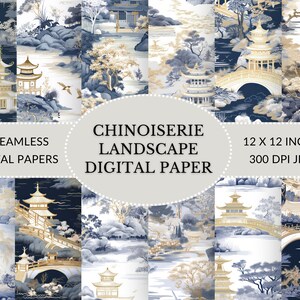 Elegant Chinoiserie Digital Paper: Landscape - Pagoda and Garden Scenes in Classic Blue, White and Grey in JPEG format for instant download