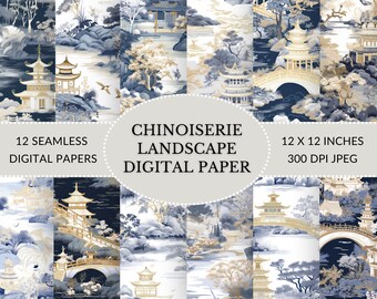 Chinoiserie Landscape Digital Paper: Blue, White & Grey (JPEG)