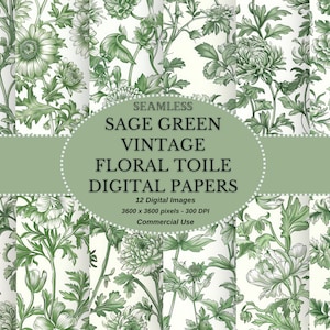 Toile floreale vintage verde salvia, download digitale senza interruzioni motivo floreale, carta digitale stampabile in formato JPEG per il download immediato