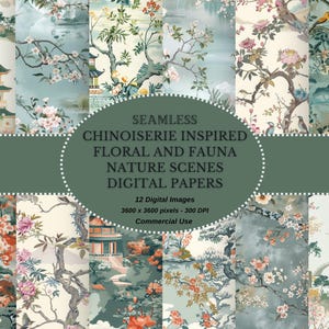 Op chinoiserie geïnspireerde natuurtaferelen en flora Vintage digitaal papier - Chinees-Japanse motieven voor scrapbooking direct downloaden