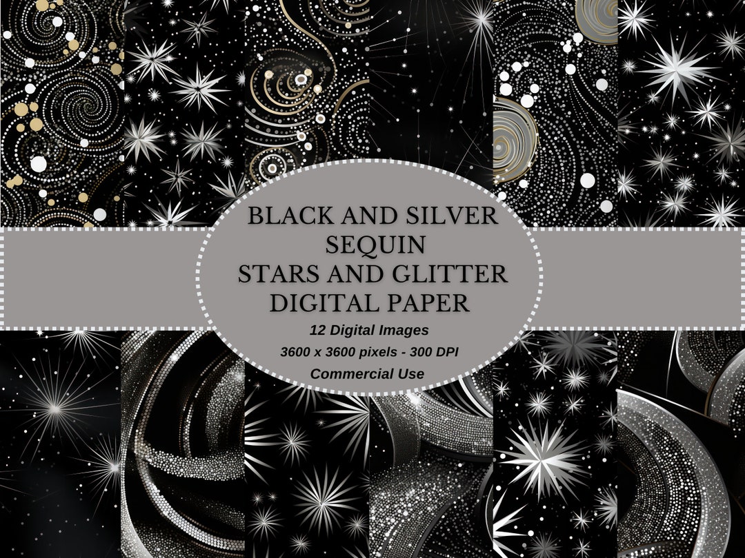 Sequin Stars Digital Paper: Black and Silver Glitter (digital Download ...