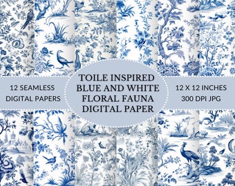 Toile Inspired Blue and white floral and fauna seamless digital download, Printable digital paper in JPG format for instant download