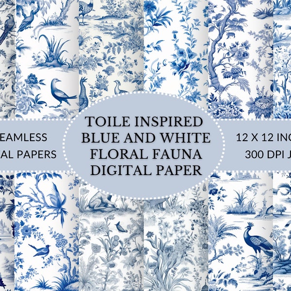 Toile Inspired Blue and white floral and fauna seamless digital download, Printable digital paper in JPG format for instant download