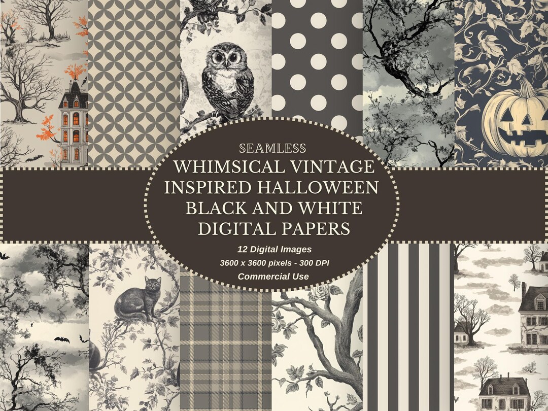 Whimsical Halloween Digital Paper Set: Vintage Black & White Designs ...