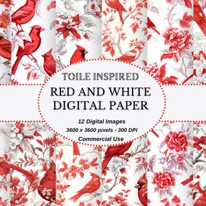 Toile Inspired Descarga digital sin costuras de flores y fauna rojas y blancas, papel digital imprimible en formato JPEG para descarga instantánea