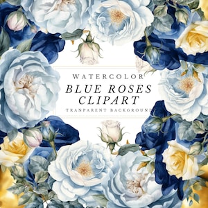 Watercolor Blue Roses Clipart, Royal Blue and Light Blue Floral Clipart png format for instant download