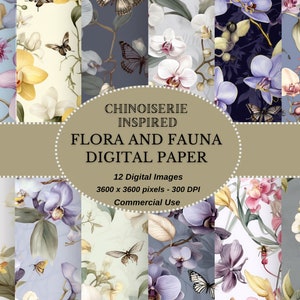 Elegant Chinoiserie Digital Paper Charm:  Bees,  Butterflies, and Oriental Orchids - Instant Download for Invitations and Stationery