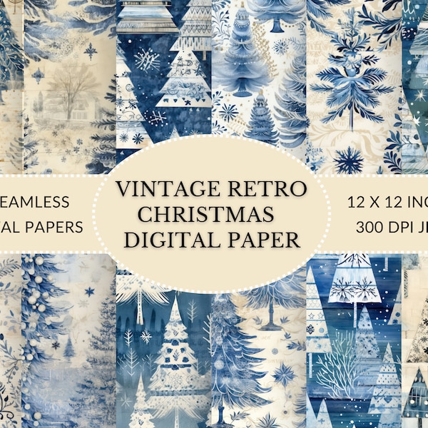 Printable Blue Christmas Digital Paper: Downloadable Vintage Retro Christmas Junk Journal Papers, Perfect for DIY Festive Projects