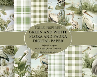 Toile inspiriert Grün-Weiß-Blumen und Fauna nahtloser digitaler Download, enthält karierte und karierte druckbare digitale Papiere