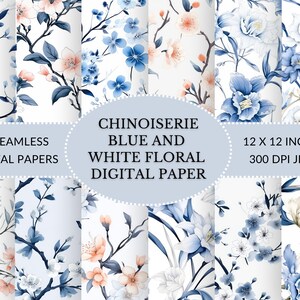 Chinoiserie Digitales Papier, Orientalisches Digitales Papier, Florales Papier in Blau und Weiß mit einem Hauch von Pfirsich und Pflaume zum sofortigen Download
