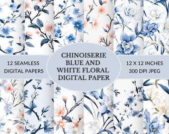 Chinoiserie Digitales Papier, Orientalisches Digitales Papier, Florales Papier in Blau und Weiß mit einem Hauch von Pfirsich und Pflaume zum sofortigen Download