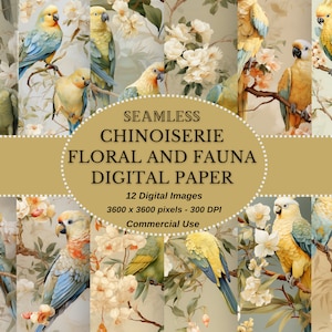 Elegante carta digitale cineserie ispirata alla carta digitale cinese con pappagalli e flora selvatica - Perfetta per progetti fai da te e uso commerciale