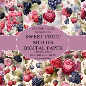 Vibrante y delicioso: motivos de frutas dulces de acuarela sin costuras, descarga de papel digital de bayas mixtas para proyectos creativos de bricolaje, uso comercial