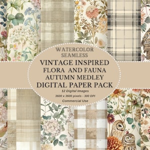 Papéis digitais florais e de fauna de outono inspirados no vintage: pacote de papel para scrapbook imprimível em tons terrosos e chiques sem costura