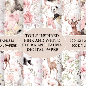 TOILE Inspired Pink and White Floral and Fauna Digital Papers - élégance vintage pour vos projets de bricolage - au format JPEG