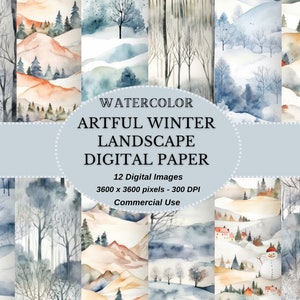 Winter Serenity: Kunstig winterlandschap aquarel digitaal papier voor doe-het-zelf-projecten - commercieel gebruik toegestaan
