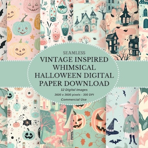 May include: A digital paper download featuring seamless, vintage-inspired, whimsical Halloween designs. The patterns include pumpkins, bats, potion bottles, haunted houses, and a witch. The download includes 12 digital images, 3600 x 3600 pixels, 300 DPI, for commercial use.