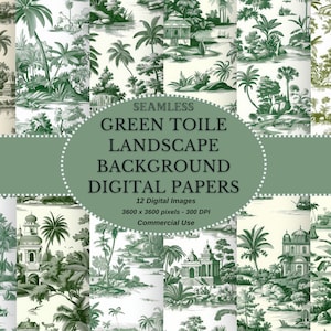 Toile geïnspireerd groen en wit landschap achtergrond naadloze digitale download, afdrukbaar digitaal papier in JPEG-formaat voor onmiddellijke download