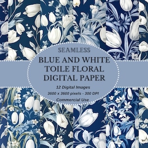 Toile Inspiriert Blau und Weiß Blumen nahtloser digitaler Download - Druckbares digitales Papier, perfekt für DIY-Projekte - Kommerzielle Nutzung erlaubt