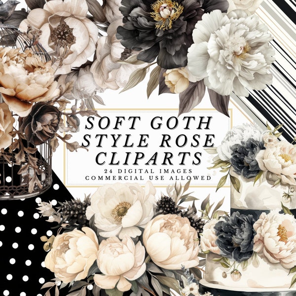 Soft Goth Styles: Elegant Black, White, and Neutral Rose Clipart Collection, Moody Palette Flowered Clipart for DIY Crafts and Weddings