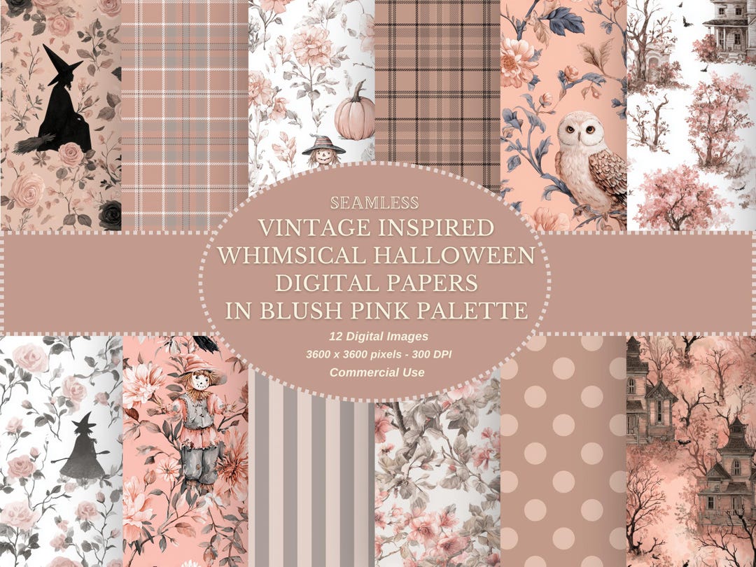 Whimsical Halloween Digital Paper Set for Crafting: Vintage Blush Pink ...