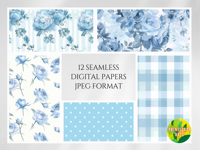 Vintage Blue Rose Digital Paper: Shabby Chic Floral Patterns (Digital Download) image 5