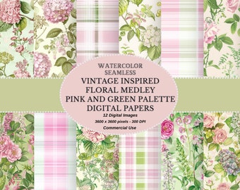 Papel digital floral vintage: Rosas rosas y verdes (sin costuras, 30,5 x 30,5 cm, JPEG)